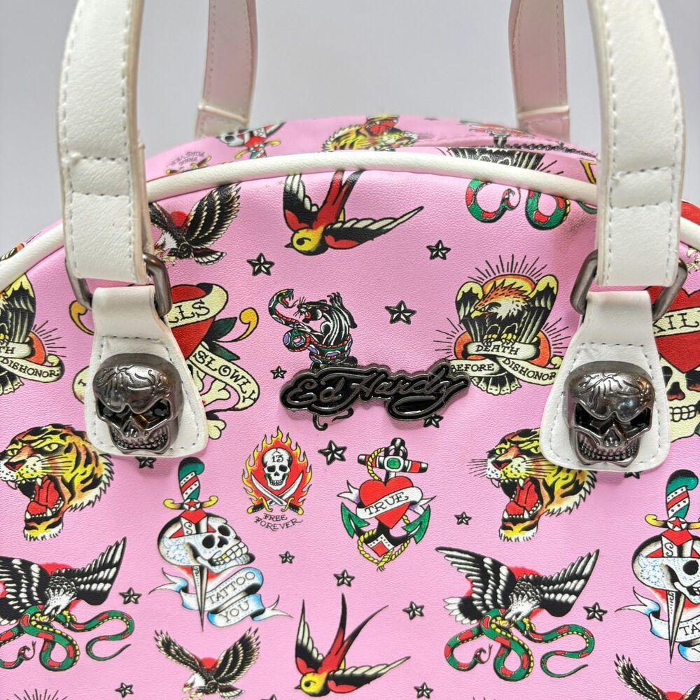 ED HARDY Tattoo Hearts Skull Womens Pink/White Mini Bowler Bag Purse